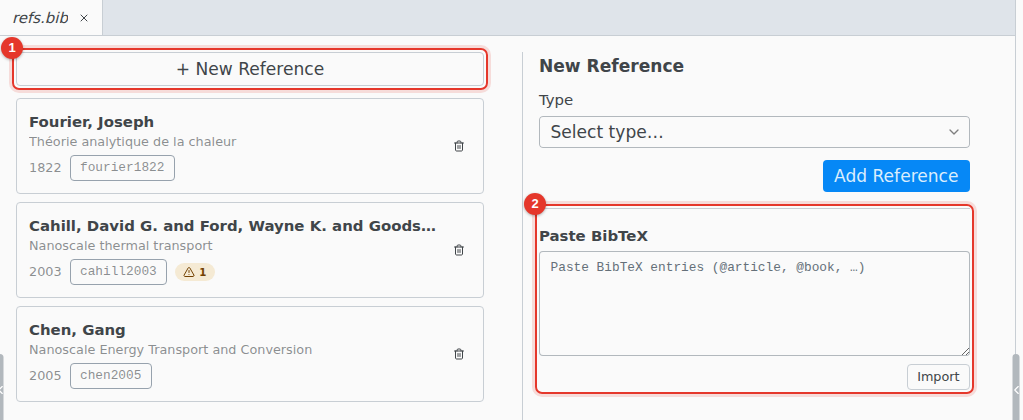 A .bib file open as a list of entries, with New Reference and Paste BibTeX
