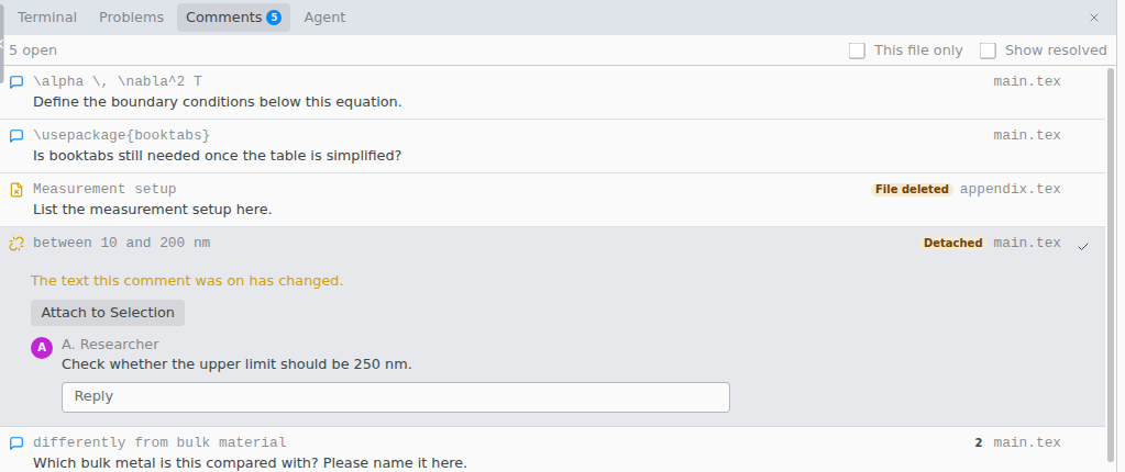 The Comments tab with a File deleted thread and an open Detached thread