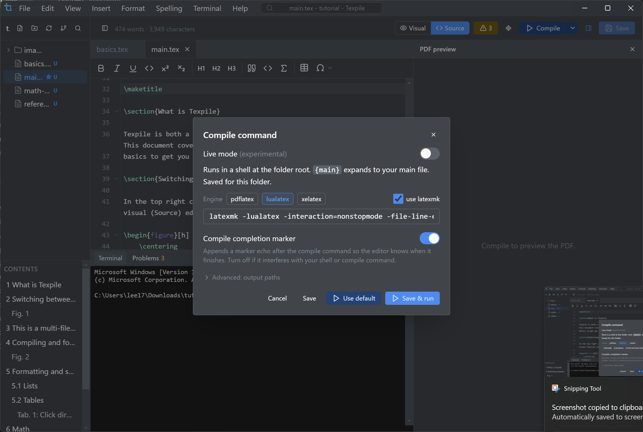 The compile command dialog with the Live mode toggle