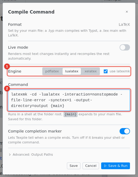 The Compile Command dialog with the Engine choices and the command