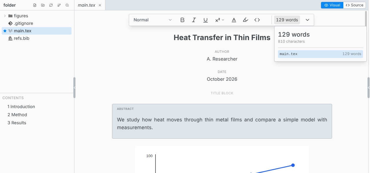 The sidebar with the file tree and Contents, and the word count tooltip showing words, characters, and words per file