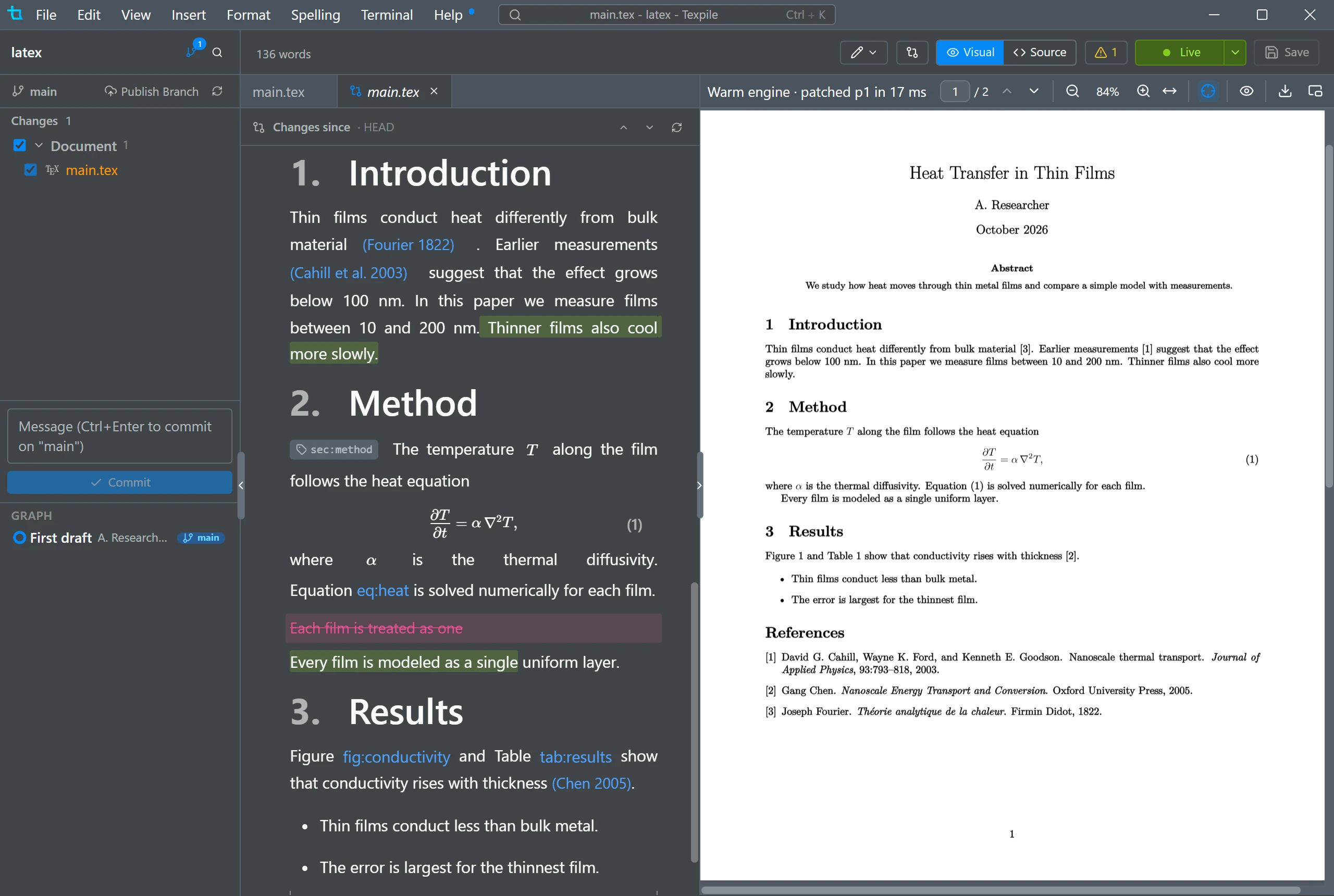 The visual editor showing a heading and a sentence changed since the last version