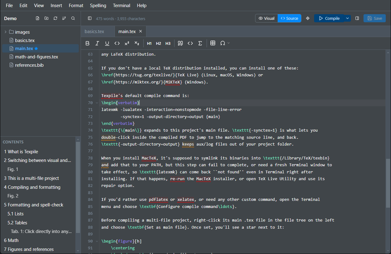 A .tex file open in the source editor with syntax highlighting