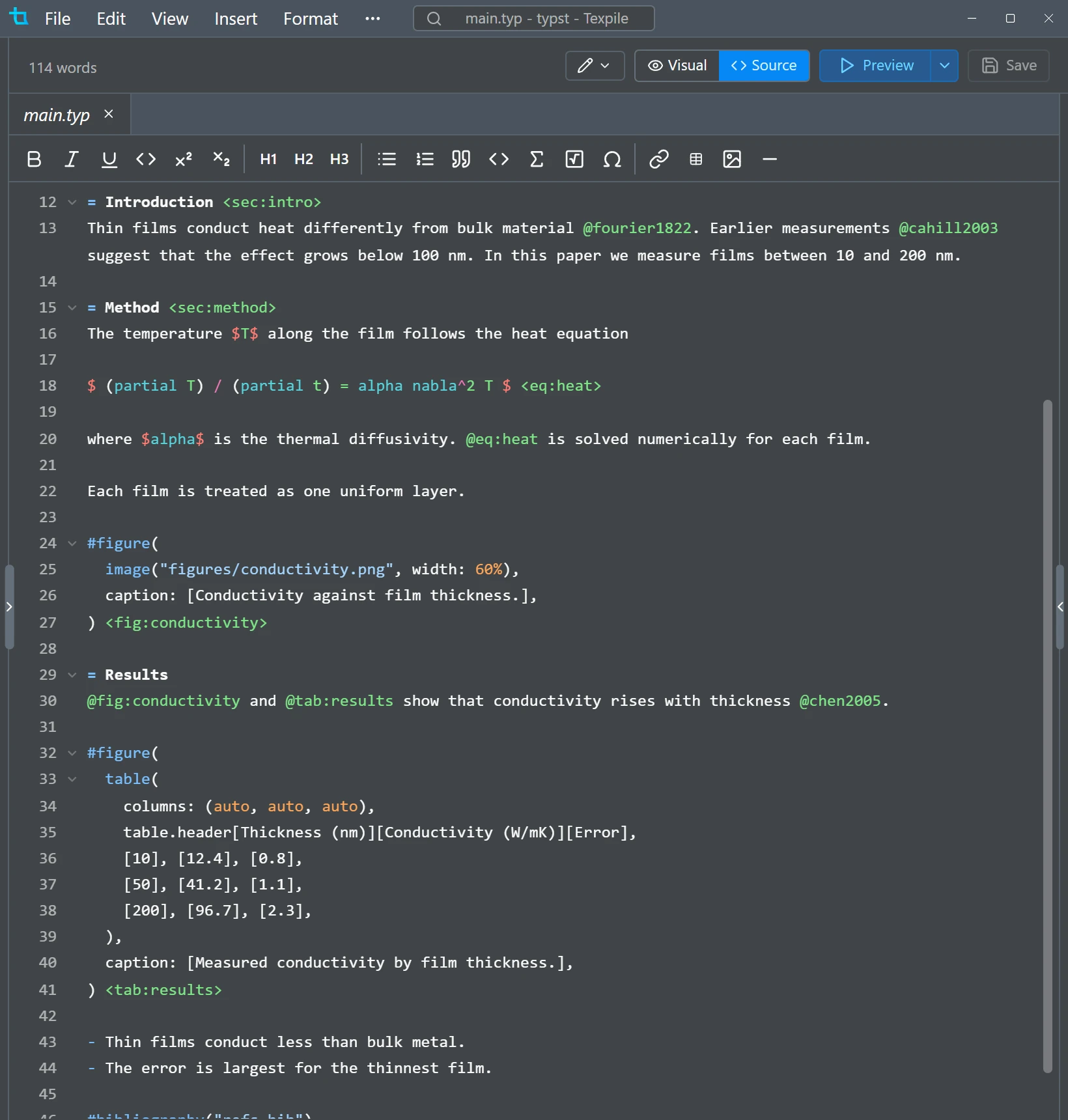 The Typst source editor, with completion from tinymist
