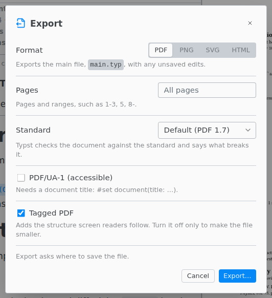 The Export dialog: Format, Pages, Standard, PDF/UA-1 and Tagged PDF