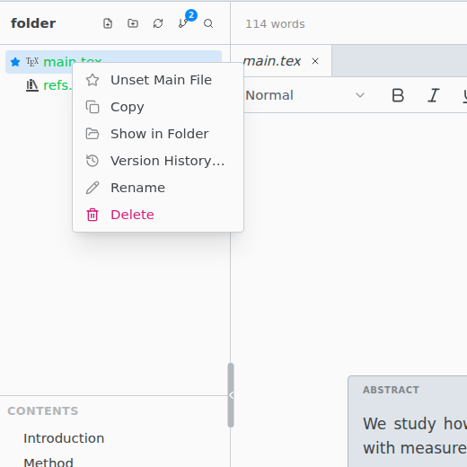 The menu on a file, with Unset Main File, Copy, Show in Folder, Version History, Rename, and Delete