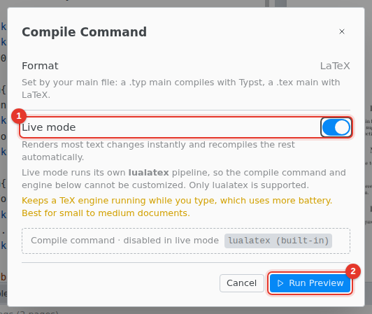 The Compile Command dialog with Live mode on and the Run Preview button