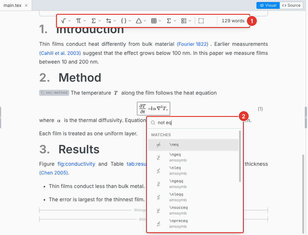 An equation being edited, with the math toolbar and the symbol search open