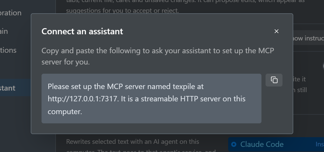 The Connect an Assistant dialog, with a message to paste into your assistant