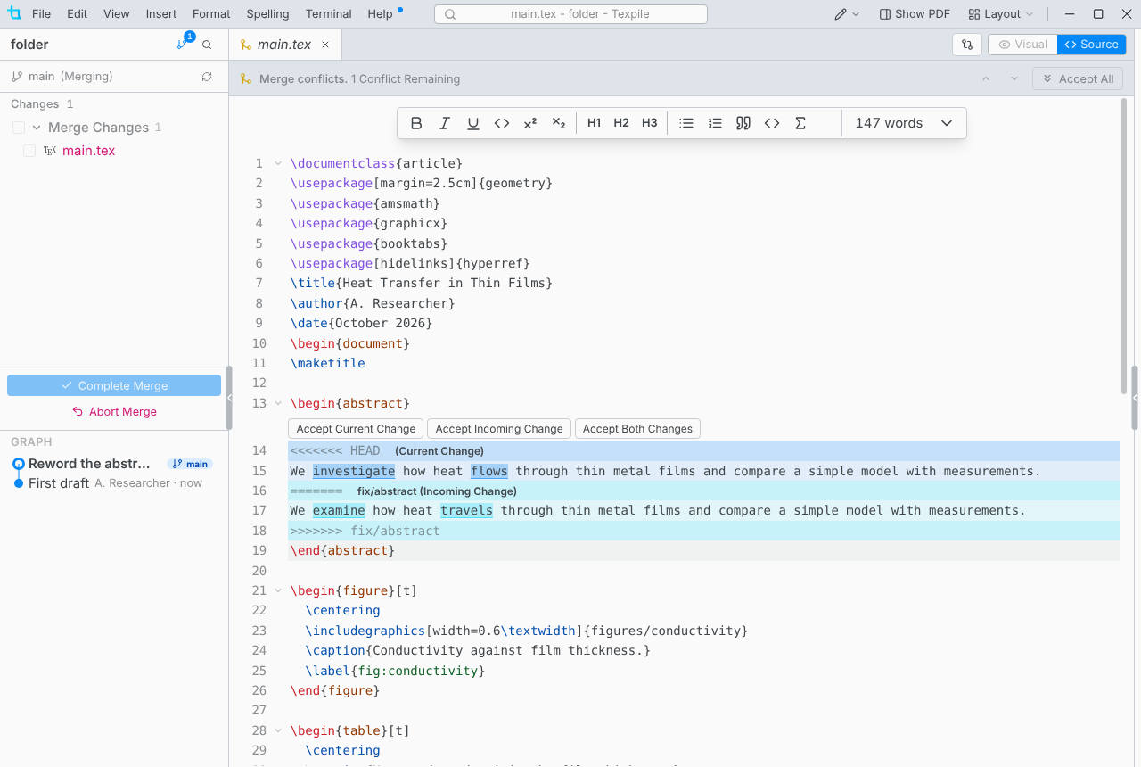 A merge conflict in the source editor with the conflict bar and Accept buttons