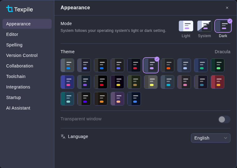 The Appearance tab in dark mode with the Dracula theme chosen, showing the Mode choice and the Theme grid