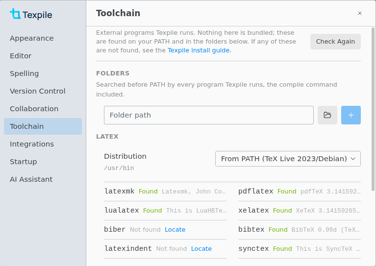 The Toolchain tab of Preferences with Check Again, Folders, and the LaTeX programs marked Found or Not found