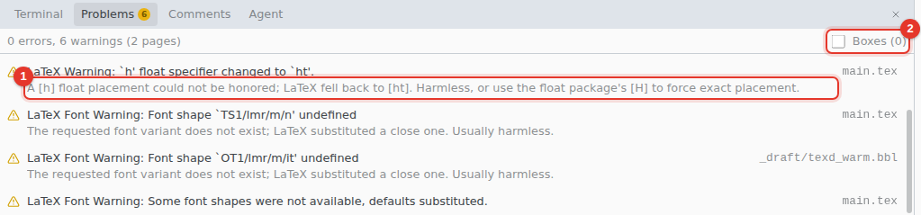 The Problems panel listing warnings, each with a plain-words hint