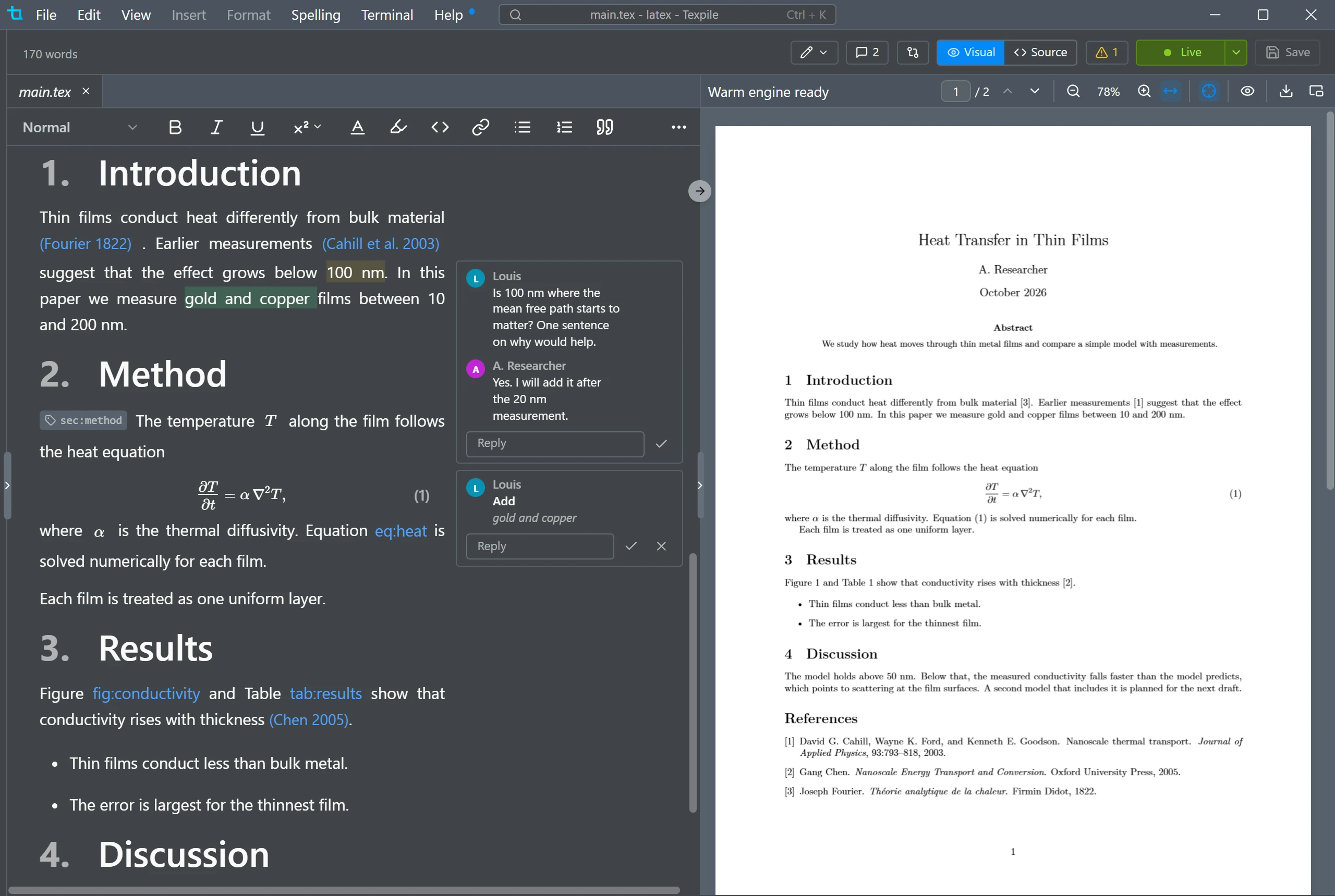 A comment thread and a suggested insertion beside the text, in the visual editor