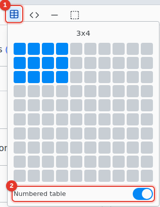 The table size grid under the toolbar's table button, with Numbered table on