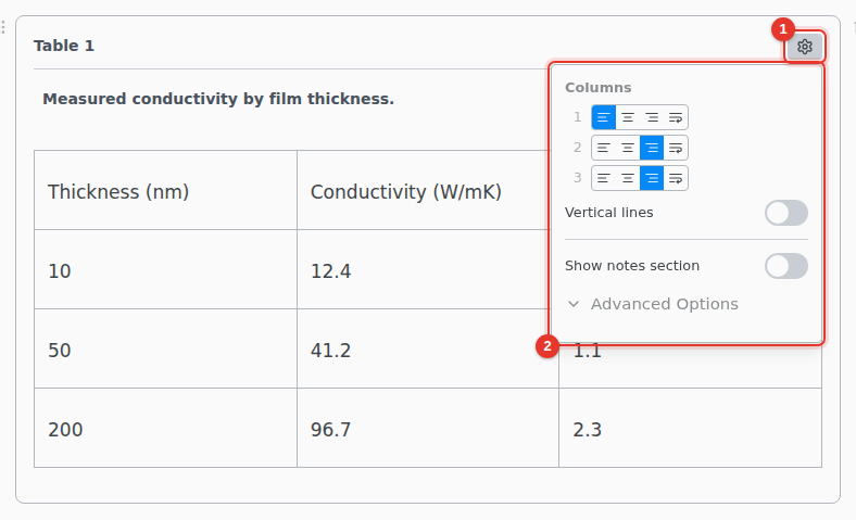 A table with its settings open: column alignment, vertical lines, and the notes section