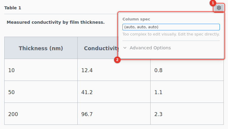 A table with its settings open: the column spec and Advanced Options