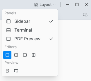 The Layout menu, with Panels, Editors and Preview