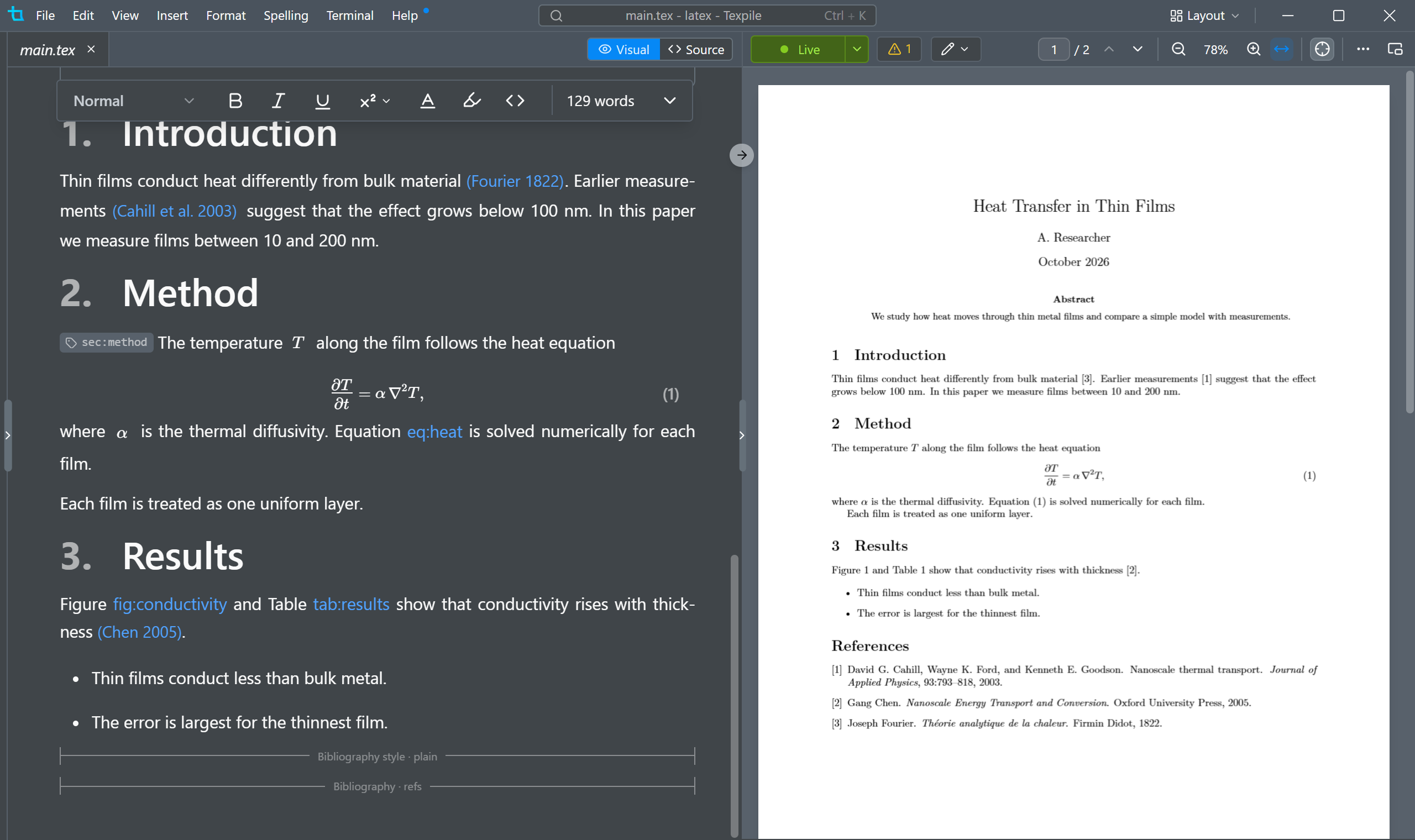 Texpile editing a LaTeX paper, with the PDF preview beside it