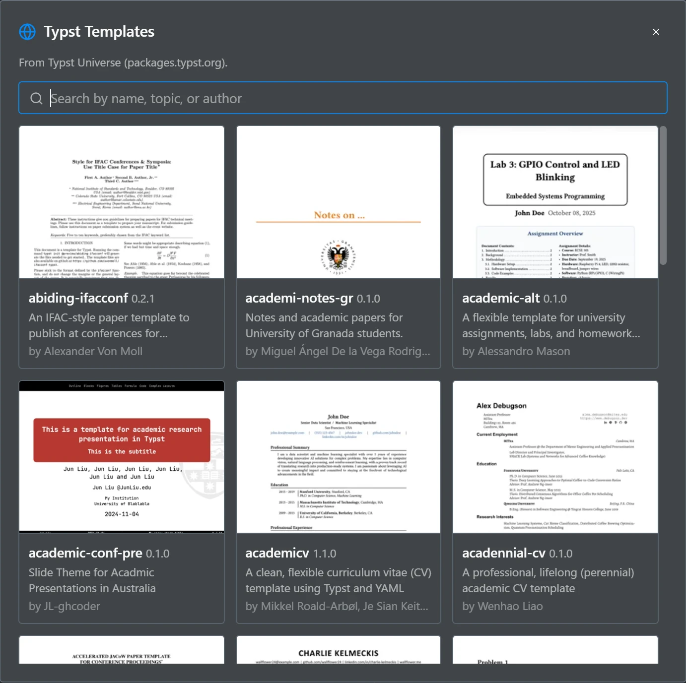 The Typst Templates dialog listing templates from Typst Universe