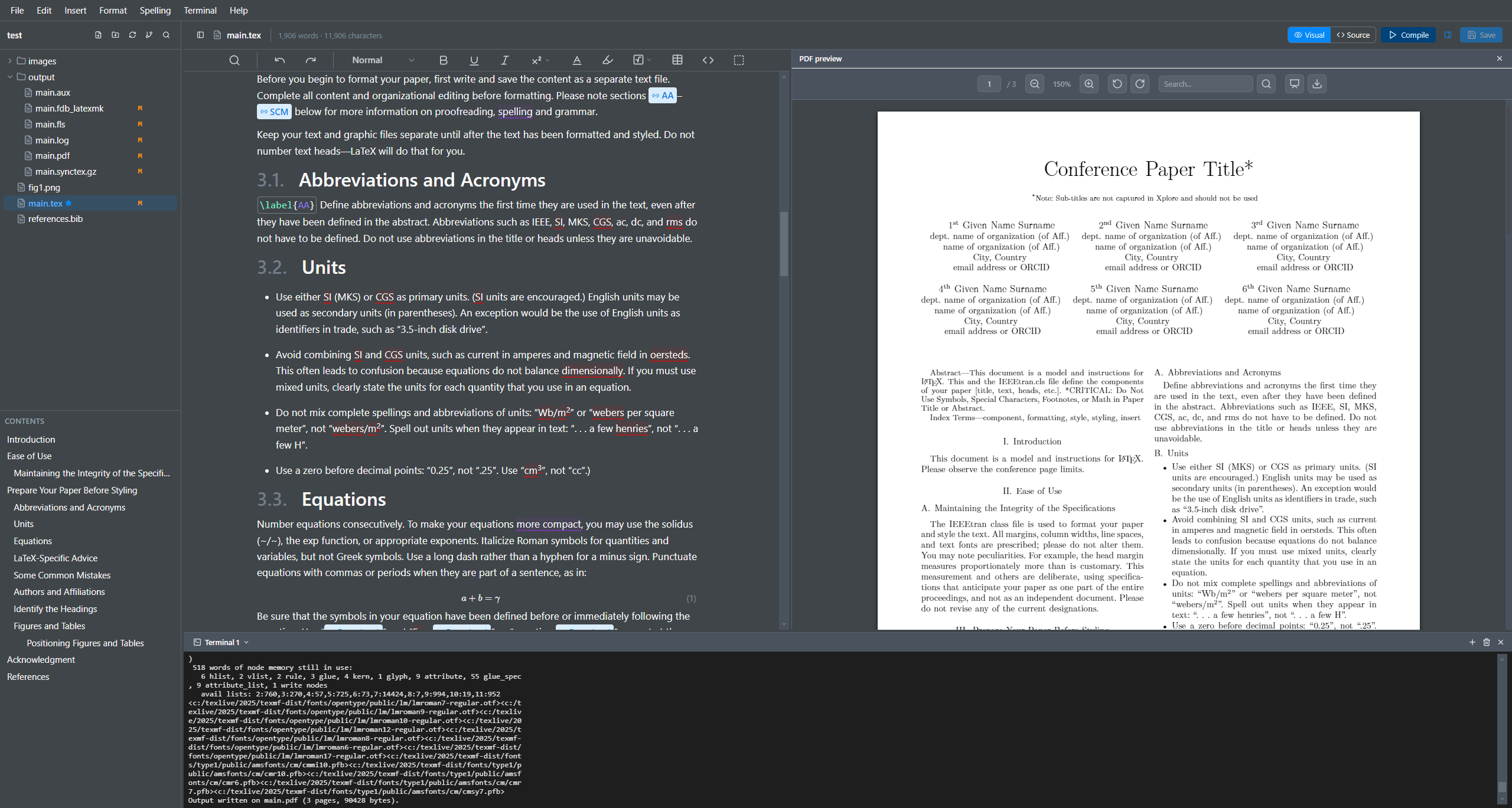 Visual editor, PDF preview, and a real terminal